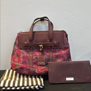 Henri Bendel Burgundy Print Convertible Backpack With Matching Wallet